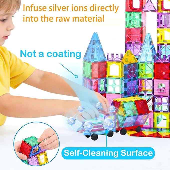 Antibacterial Magnetic Tiles 212PCS, STEM Toy for Kids Aged 3+ | 4 Cars, Bacteria resistant, Safer play, EPA-registered, Fits other brands, ABS plastic, Daycare, Montessori, Classroom gift