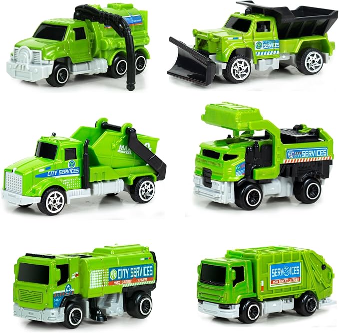 6 Pack Diecast Garbage Truck Toys for Kids, Mini Alloy Sanitation Truck Toy Recycling Sanitation Trucks Model Set, Educational Toddler Car Toys Birthday Gifts for Boys Girls 3-7 8