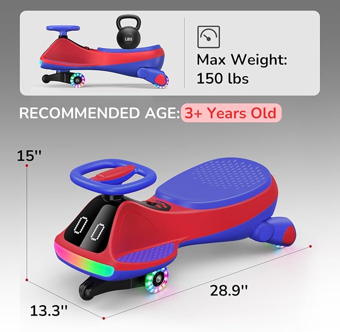 Umatoll 12V Electric Wiggle Car for Kids with Pedal, Display, Rechargeable Battery, LED Light, Bluetooth, Light-Up Wheels, Anti-Rollover, 2 Speeds, Ride on Toys, Birthday Gifts for Age 3+, 150Lbs