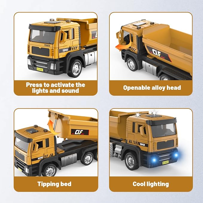 1:50 Die-Cast Dump Truck Toy, Pull-Back with Lights & Sounds, Opening Doors & Tiltable Dump Bed, with Simulated Rocks, for Kids 3-9