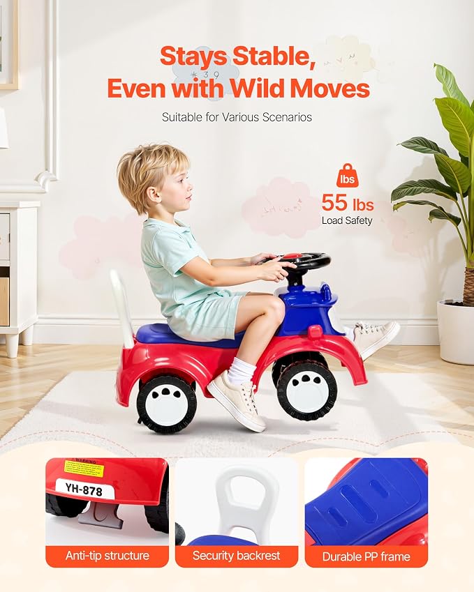 VEVOR Ride On Toddler Push Car, Push Car for Toddler 19 to 36 Months, Kids Ride On Toy with Music & Under-seat Storage, 55 lbs Load Capacity, Foot-to-Floor Walker for Toddlers Boys Girls, Red