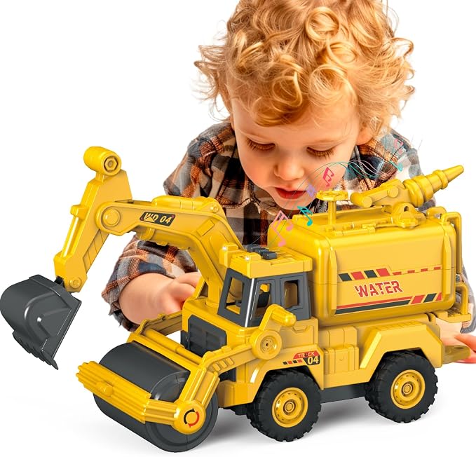 3-in-1 Construction Truck Toy, Excavator & Road Roller Combo with Water Spray Function, Inertia-Powered Push-and-Go, Working Digger Arm & Rolling Drum, Outdoor Sandbox Vehicle for Boys Girls Age 3+