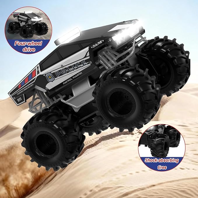 Police Remote Control Car, 1:18 Cyber Truck Remote Control Car, 2.4 GHz Waterproof Amphibious RC Cars, 4WD All Terrain Off-Road Pickup, 360° Rotatable Monster Truck Toys for Boys RC Cars Ages 6+