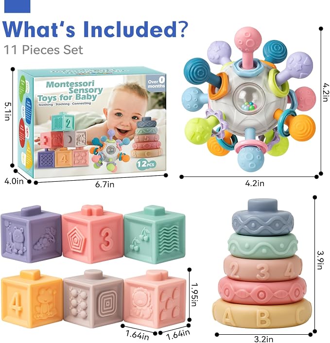 Baby Sensory Teething Toys Set, Montessori Baby Toys 6-12 Months, Incl Newborn Rattle Teether & Baby Blocks & Soft Stacking Rings, Ideal Babies Boy Girl Gifts, Infant Toys 0-3-6-9-12-18 Month