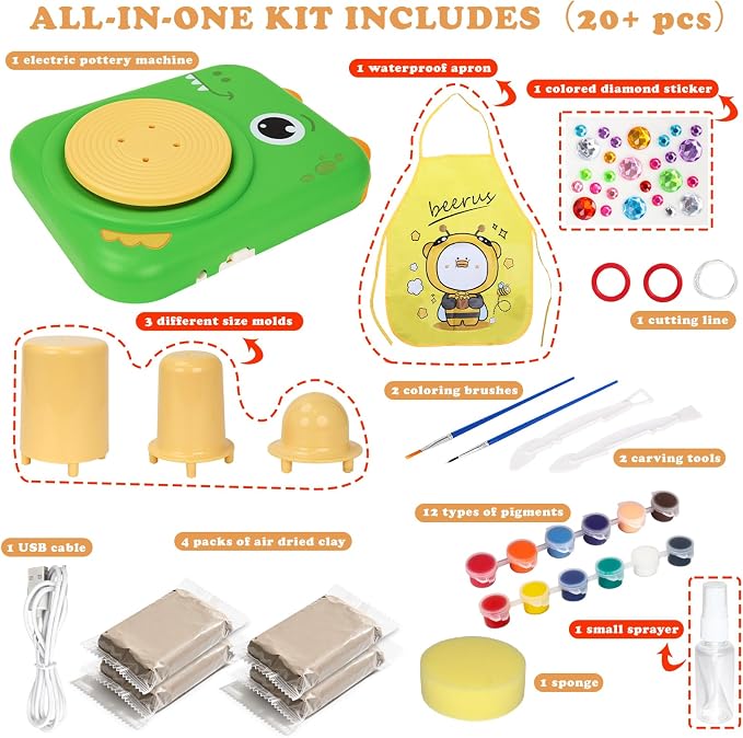 Pottery Wheel for Kids, Art Supplies Arts & Crafts Kit, Crafts Toys for Girls 6+, Pottery Studio Craft Kit with 4 Pack Air-Dry Clay,Girls Toys Birthday Christmas Gift for Kids Ages 6 7 8 9 10 11 12+