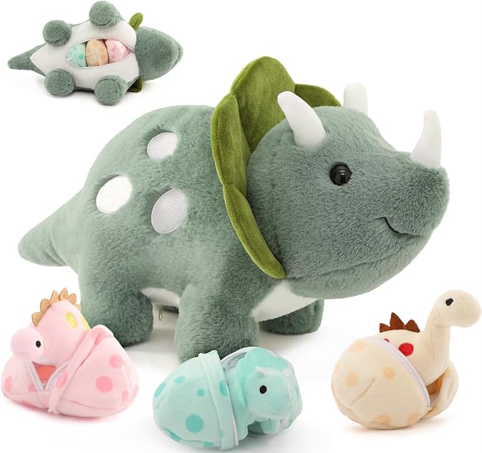 Dinosaur Stuffed Animal Set, 17.6 Inch Green Mommy Dinosaur Plush with 3 Baby Dinosaurs, Triceratops Stegosaurus Diplodocus Plush Toys for Girls Boys Kids, Cute Dino Christmas Birthday Gift
