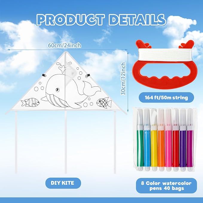 Syhood 60 Pcs DIY Coloring Kites Kit for Kids Pre-Printed Cartoon Animal Kites Summer Decorating Making Kit with Watercolor Pens and Strings Handles for Outdoor Game and Activities
