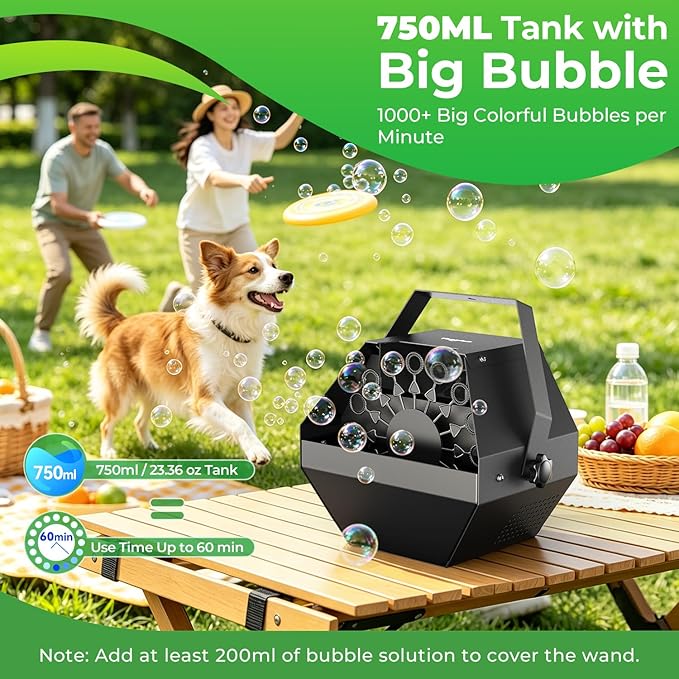 Theefun Bubble Machine, 750ml Stage Bubble Blower Metal, USB Plug in or 8 Battery Powered, Portable Party Bubble Maker for Stage BBQ Birthday Outdoor Indoor Use (Manual Control)