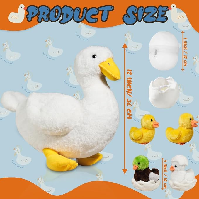 Youthfuljive 7 in 1 Duck Stuffed Animal Plush Duck Toys for Kids Toddlers, 12" Mommy White Stuffed Duck Plush Toy with 4 Baby Ducks Ducklings Eggs Duck Plushie Pillow for Birthday Farm Party