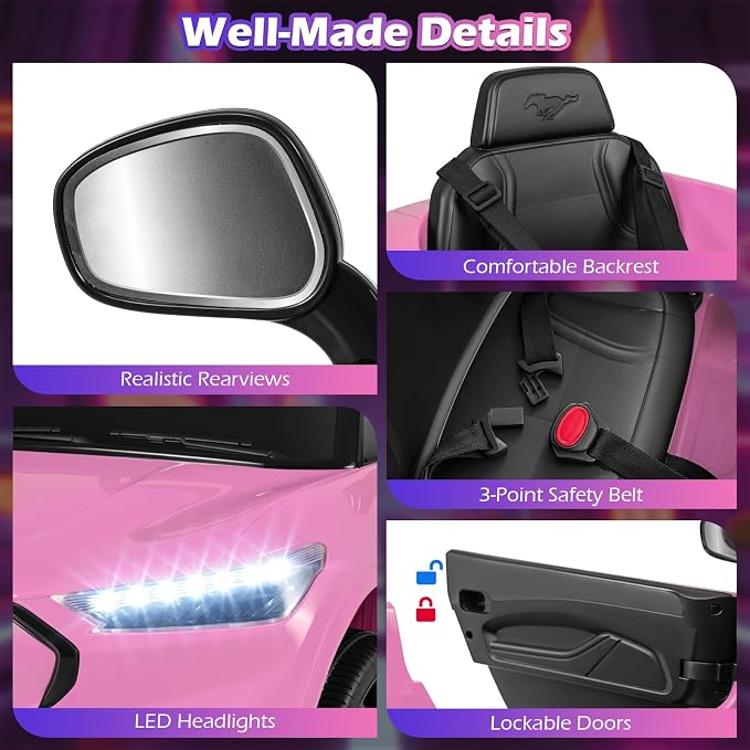 Costzon Ride on Car, 12V Licensed Ford Mach E Kids Electric Vehicle with Parent Control, LED Lights, Horn, Music, Wireless Connection & Spring Suspension, Kids Car Toy for Girls Boys (Pink)