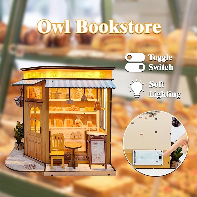 DIY Miniature House - LED Lighting Book Nook Kit Dollhouse Kit for Adults and Teens, Book Nook Tiny House Bookshelf 3D Wooden Puzzle, Gifts for Family Friends (Bakery)