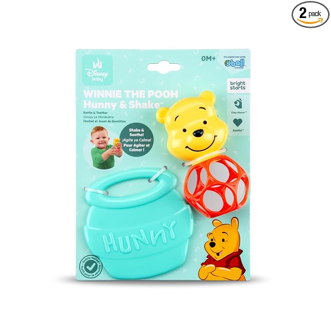 Bright Starts Disney Baby Winnie The Pooh Hunny & Shake Rattle & Teether, Stroller Toy for On The Go, Newborns & Up