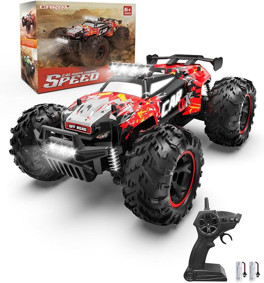 Carox Remote Control Car, 2.4GHz 26KM/H High Speed RC Car, 1:18 Off-Road Monster Truck with LED Lights, Proportional Throttle & 1800mAh Rechargeable Batteries – Ideal Gift for Boys 6+ (RED)