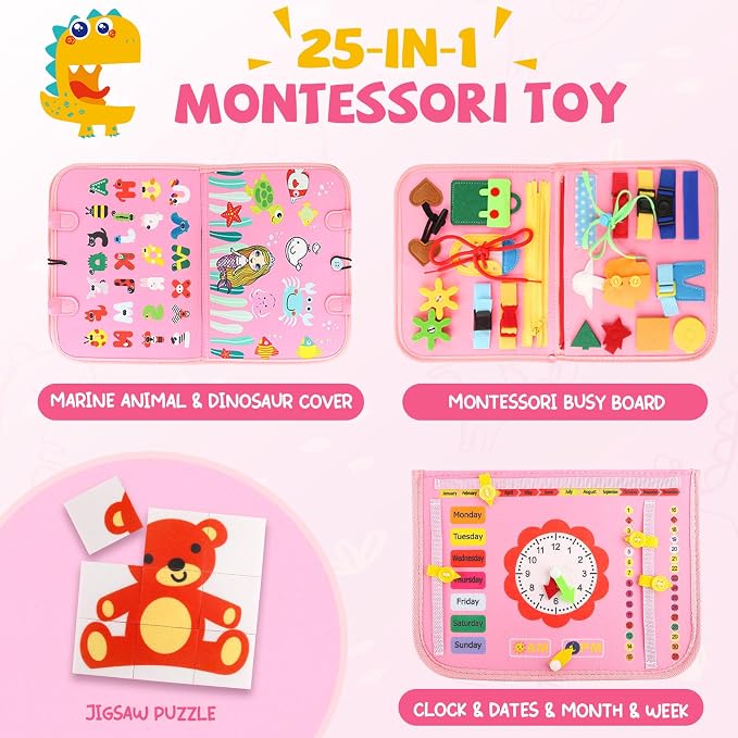Toddler Busy Board, Montessori Sensory Toys for Boys, 1-4 Year Old Girl Toddler Travel Toys, Educational Learning Activities Board for Motor Skills, Birthday Gifts for Airplane Car, Pink