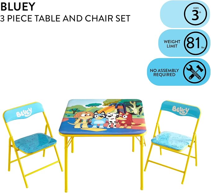 Bluey Kids Table and Chair Set, 3 Piece Folding Activity Set with Square Table & 2 Chairs,Furniture for Playroom, Crafting, Ages 3+