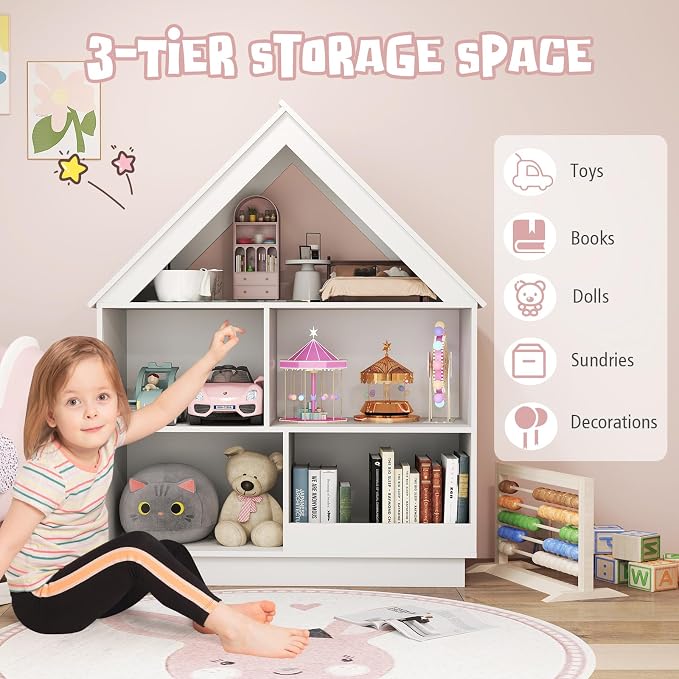 Costzon Kids Dollhouse Bookshelf, 3-Tier Wooden Open Bookcase for Toys and Books, Baby Bookshelf and Toy Storage Organizer, Book Shelf for Kids Rooms, Playroom, Nursery, Classroom (White)