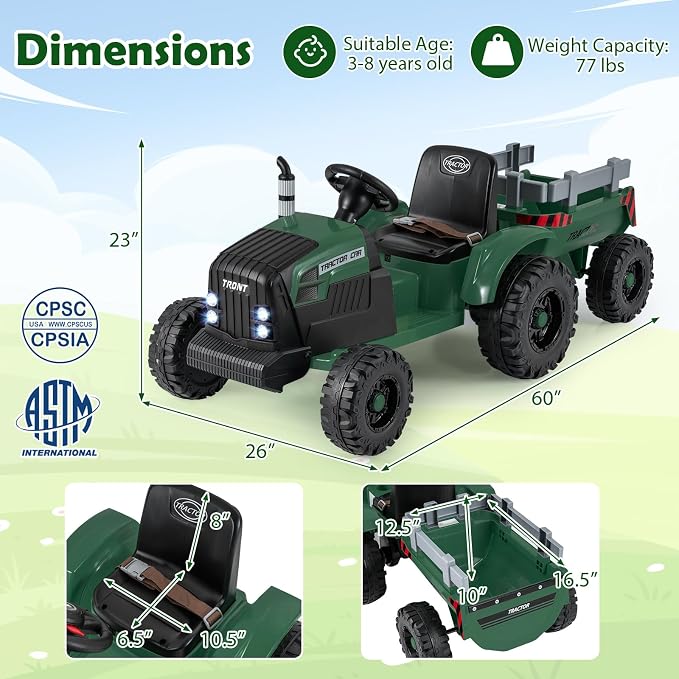 Costzon 24V Ride on Tractor with Detachable Trailer, Kids' Electric Vehicles with 3 Speeds, 15° Climbing, Wireless Design, Horn & Music, Remote Control Tractor Toy for Kids 3+,Gift (24V, Deep Green)