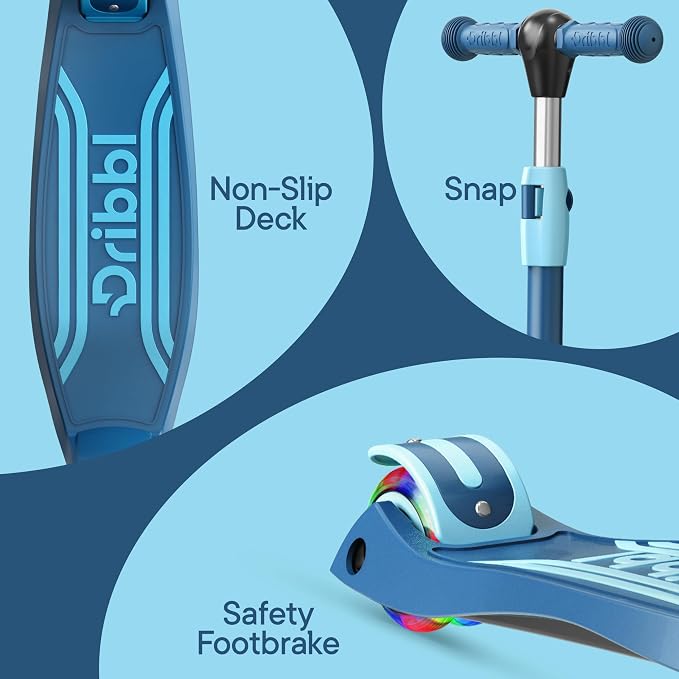 Dribbl 3-Wheel Kids Scooter - Lean-to-Steer Technology, Adjustable Height Handlebar, Wide Anti-Slip Deck, Scooter for Boys & Girls Ages 3+, Child Safety Approved, Support Riders Up to 165 lbs, Blue