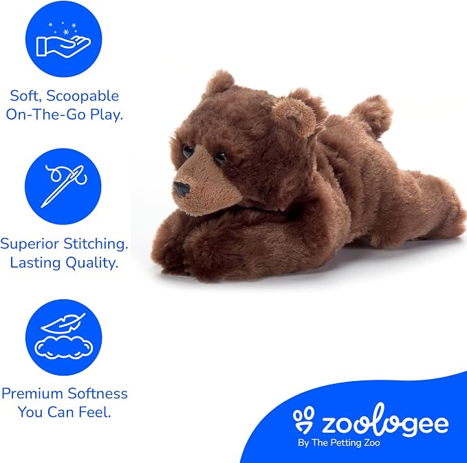 The Petting Zoo Brown Bear Stuffed Animal Plushie, Gifts for Kids, Scoopz Wildlife Animals, Bear Panda Plush Toy, 8 inches