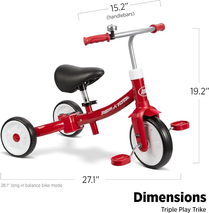 Radio Flyer Triple Play Trike, For Ages 1-3, 3-in-1 Ride-On, Tricycle or Balance Bike, Tool-Free Transformation, Adjustable Padded Seat, Pedal Storage, Ringing Bell, Steel Frame, Tricycle for Toddlers