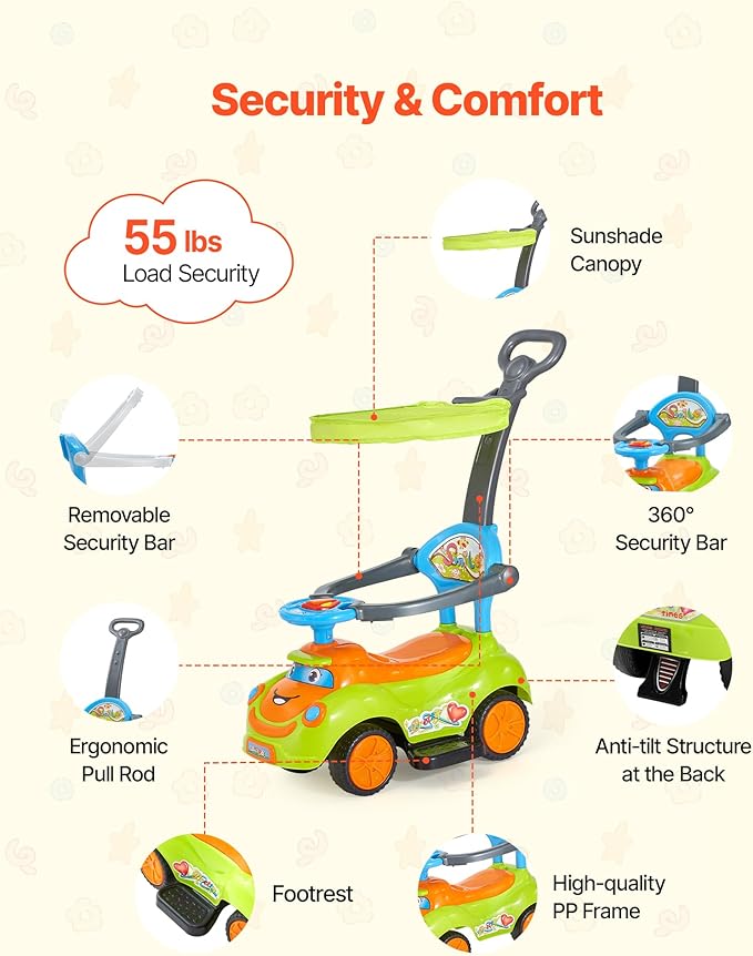 VEVOR Ride On Push Car, Push Car for Toddler 19 to 36 Months, Around Buggy with Guardrails, Handle & Under-seat Storage, 55 lbs Load Capacity, Foot-to-Floor Walker for Boys Girls, Green