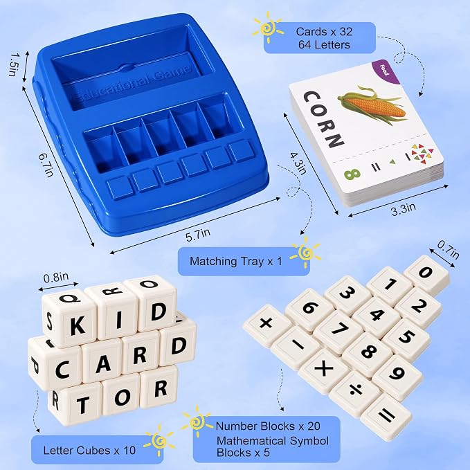 2 in 1 Kids Educational Toys, Spelling & Math Learning Game with Flash Cards Letter Cubes Number Blocks Matching Tray, Montessori Preschool Learning Toys for Toddlers Ages 3-8 Boys Girls