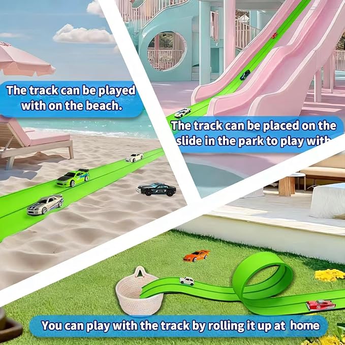 Flex Track 15 Ft Starter Set – Flexible Race Car Ramp Track for Kids, Double-Sided Racetrack for 1:64 Diecast Cars and Similar Toy Cars, Ages 3 & Up with Suction Cups (Green)