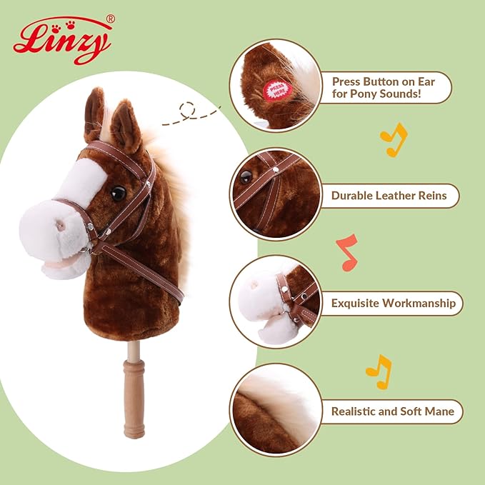 Linzy Toys 35.5" Plush Stick Horse - Funny Hobby Horse with Pony Sound, Soft Realistic Mane & Durable Leather Reins, Pretend Play Riding Toy for Boys & Girls Ages 3+ (Brown)