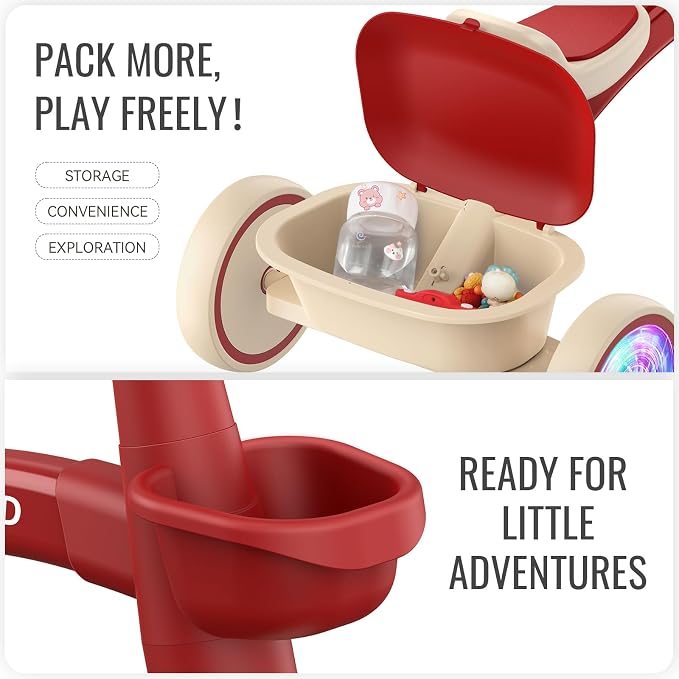 SEREED Colorful Lighting Toddler Tricycle for 2-5 Years Old Boys Girls, Adjustable Seat&Handlebar Trike, Removable Basket, Birthday Gift Idea for Kids Ages 2+ (Red)