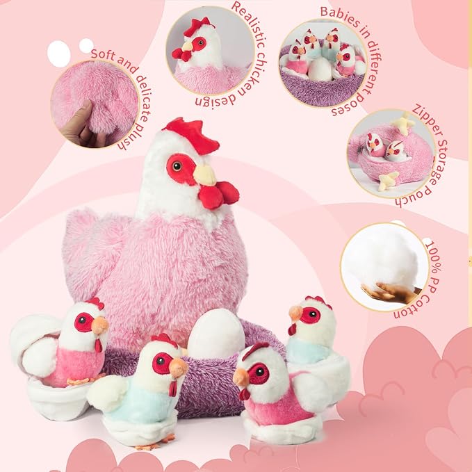 9 in 1 Chicken Stuffed Animal Set, Zippered Stuffed Chicken Plush Toys for Kids Egg Laying Hen with Coop, Plush Chickens and Eggs, Pink Chicken Toys for Kids Christmas Birthday Gifts Party Decor
