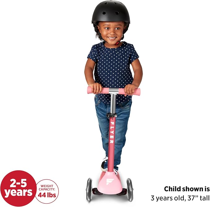 Radio Flyer Glider Jr. Scooter with Light Up Wheels, Pink, for Kids 2-5 Years Old, Lean-to-Steer, Adjustable Handlebar, Rear Foot Brake, Smooth Bearings, Comfort Grips, 3 Wheel Scooter for Kids