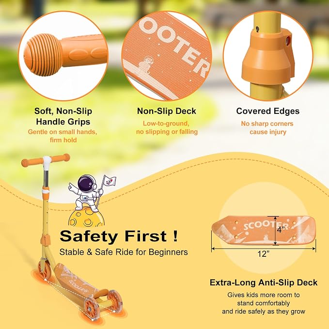 Kids Scooter - LED Light Up 3 Wheel Scooter for Kids 3-5, Adjustable Handlebar Height, Long Anti-Slip Deck,Heavy Duty Metal Scooters for Boys Girls Ages 3-5 5-7, up to 110 Lbs