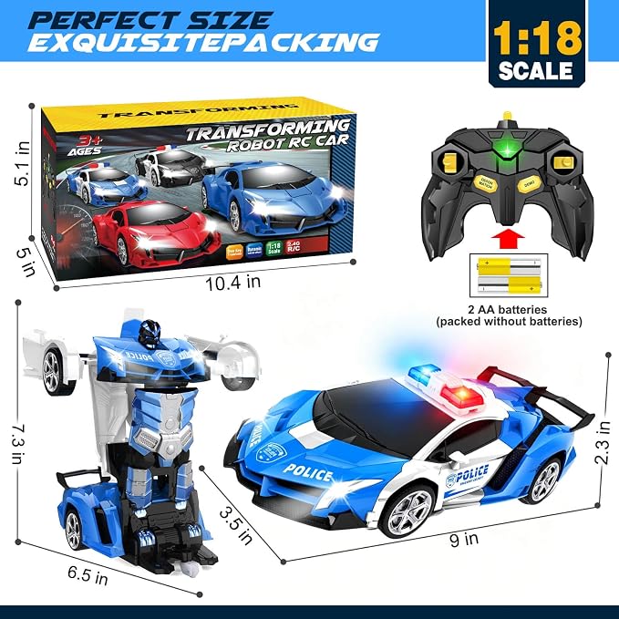 Dolanus Remote Control Police Car - RC Car Transform Robot, Flashing Light, 2.4Ghz, 360 Degree Rotating, Toys for Ages 5-7, Kids Toys, Birthday Gifts for 3 4 5 6 7 8 10 12 Years Old Boy (Blue)