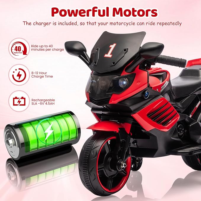 Garvee Kids 6V Ride On Motorcycle, Battery Powered Ride On Toys w/Treaded Tires, Working Headlight, Horn, Music, Training Wheels, Stable Electric Toddler Motorcycle for Kids, Gift for Boys Girls, Red