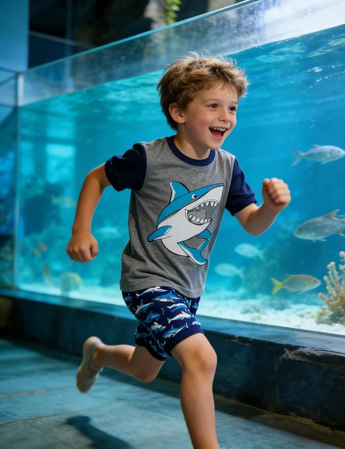 Popshion Little Boys 2 Piece Short Pajamas Train Shark Sleepwear 100% Cotton Toddler Dinosaur Pjs Summer Kids Clothes 2-7T