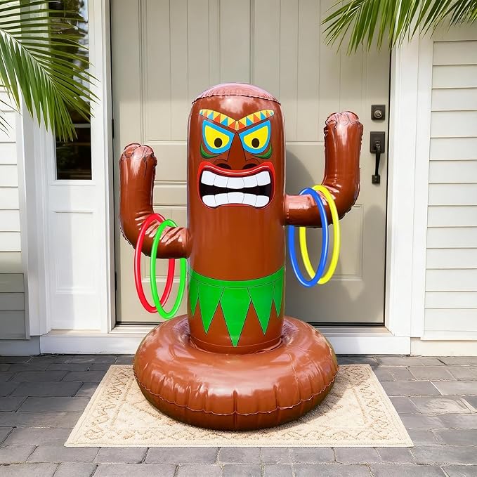 27" Inflatable Luau Tiki Pool Toss Games, Tiki Pool Ring Toss Toys with 4 Rings for Adults Indoor Outdoor Tropical Summer Swimming Inflatable Bean Bags Toss Hawaiian Luau Party Supplies