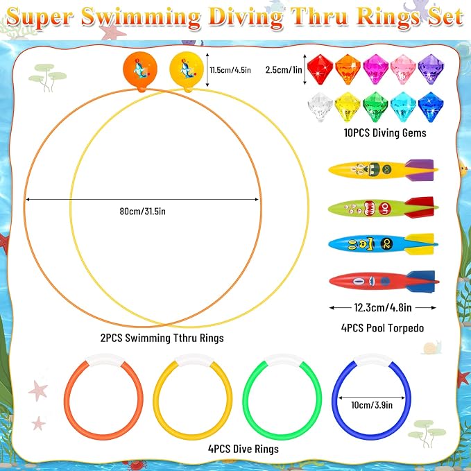 Cludoo 23PCS Pool Toys Games for Kids, No Assembly Stability Swim Thru Rings, Pool Diving Toys for 3,4,5,6,7,8,9,10,11,12 Kids Swim Rings for Kid Teens Adults Include Torpedos Diving Gems