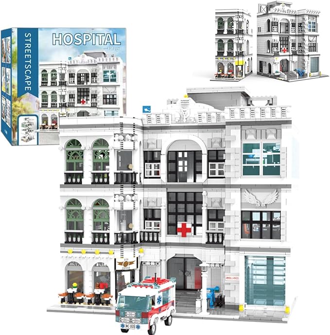 2-in-1 City Emergency Hospital Building Kit, MOC Street View Architecture 3 Levels Modular Buildings with 17 Figures, Construction Sets Ideas Present for Adults (4953 Pcs)