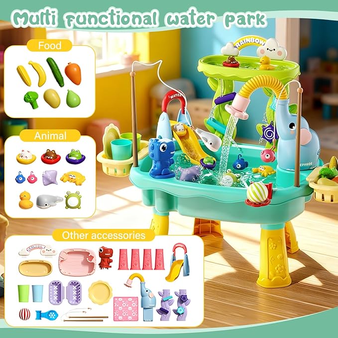 2027 Upgraded Toddlers 1-3 Water Table with Electric Pump, Kids Water Table with Faucet Play Food Accessories Fishing Toy, Kitchen Play Sink Toys for Girl Boy Age 4-8 (Blue)