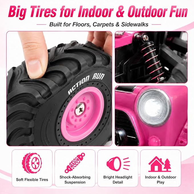 10Leccion Remote Control Car for Girls, Pink RC Truck with 2 Rechargeable Batteries, 2.4GHz Kids RC Monster Truck Toy, Easy Control Birthday Gift for Girls Ages 3-8