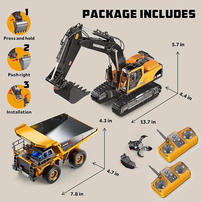 GraceDuck Remote Control Excavator and Dump Truck Toys Set, RC Construction Vehicles Toy with Alloy Bucket, Rock Breaker, Grapples, Lights and Sounds, Christmas Birthday Gifts for Boys Age 3+