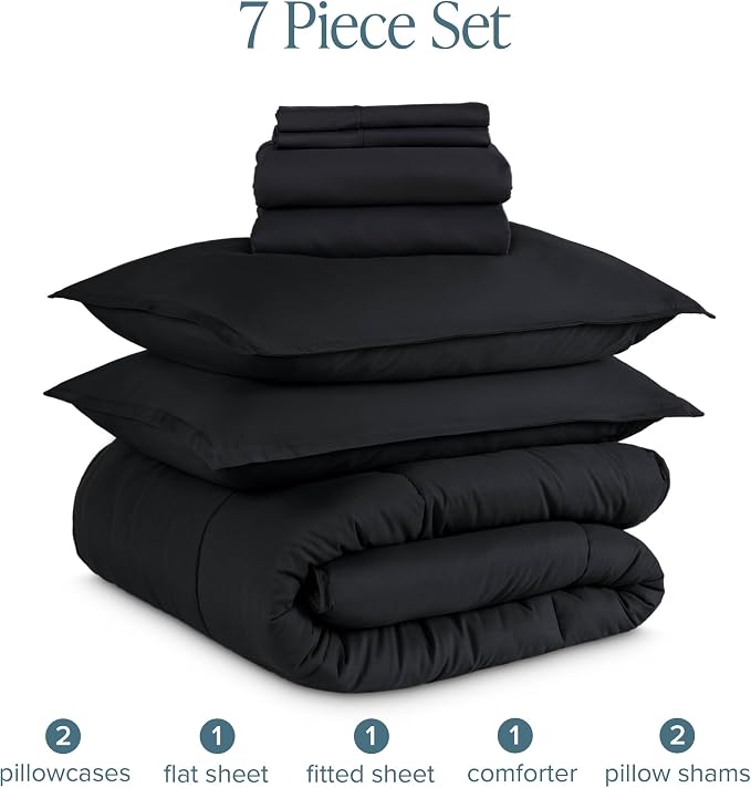 Bare Home Bed-in-A-Bag 7 Piece Comforter & Sheet Set - Full - Goose Down Alternative - Ultra-Soft 1800 Premium - Bedding Set (Full, Black/Black)