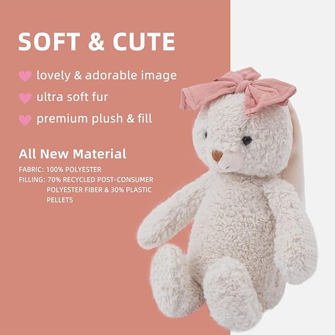 Bunny Stuffed Animal Soft Rabbit Cuddly Toy 10'' Long - Eared Plush Bunny with Pink Bow Plush Toys for Babies and Toddlers