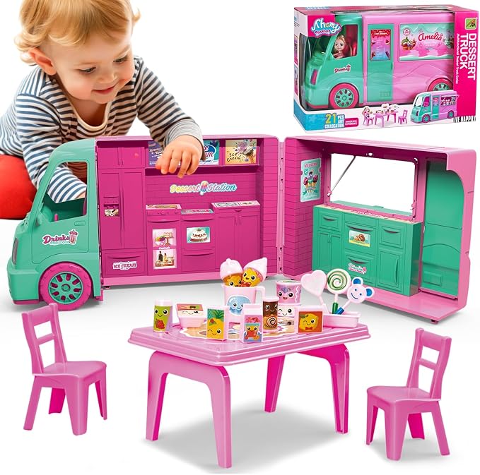 Dollhouse Ice Cream Truck Playset for Girls - Kids Kitchen Pretend Play Food Dessert Truck Toy with Doll, Table, Chairs & Accessories - Birthday Gift for 3 4 5 6 7 8 Year Old Toddler Children