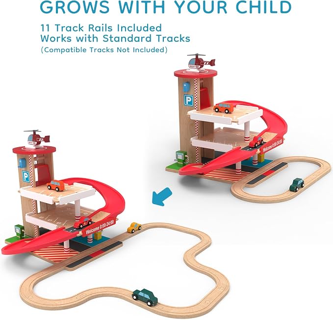 Wooden Parking Garage Toy Set for Toddlers Ages 3-5 - Hand-Crank Elevator & Spiral Ramp Track, Compatible with Standard Train Tracks, Birthday for Boys and Girls
