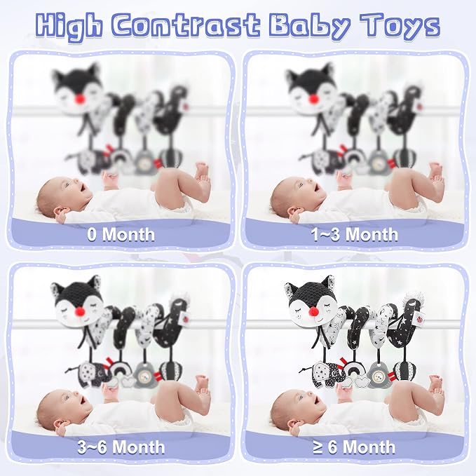 Car Seat and Stroller Toys - Black and White Car Seat Toy High Contrast Baby Toys, Baby Plush Spiral Activity Toy for Crib Mobile, Newborn Sensory Toy Best Gift for 0 3 6 9 12 Months Infants