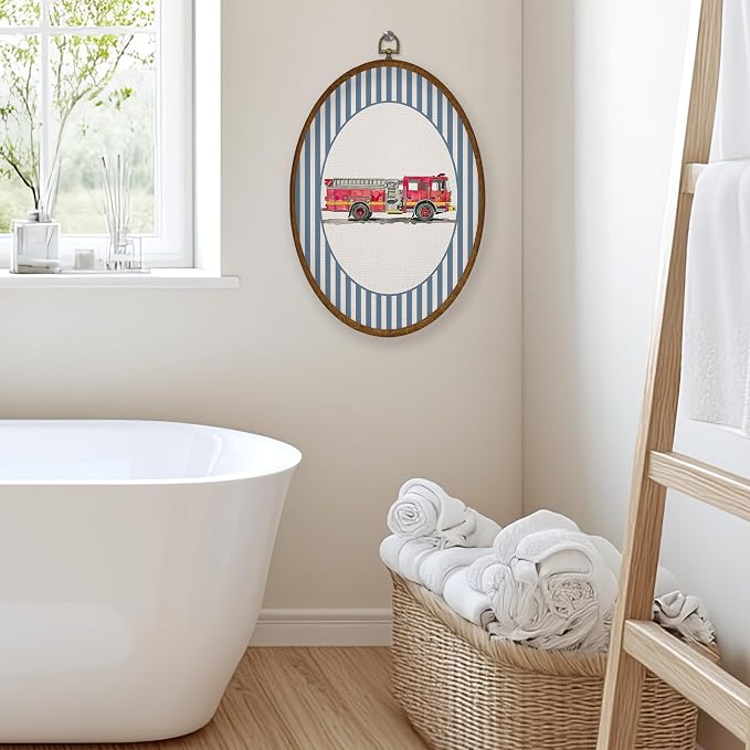 WULQYING Boy Nursery Fire Truck Car Wall Art Decor, Kids Room Oval Framed Canvas Art Prints, Blue Striped Fire Engine Wall Hanging Decor for Kids Boys Toddler Room Bedroom Playroom, 8.6x11.4 Inches
