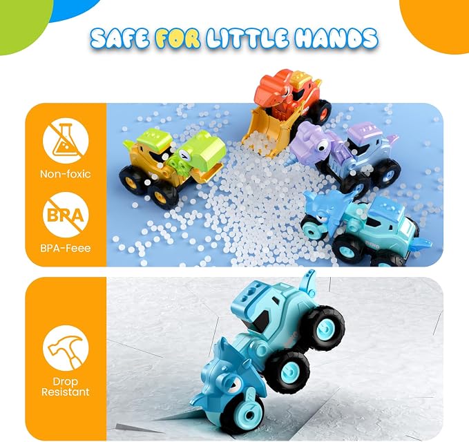 Construction Toys for 2 3 4 5 Year Old Boy Kids Toddlers, Press and Go Dino Truck Construction Vehicle Toys Sandbox Excavator Toys Boy Birthday Gifts
