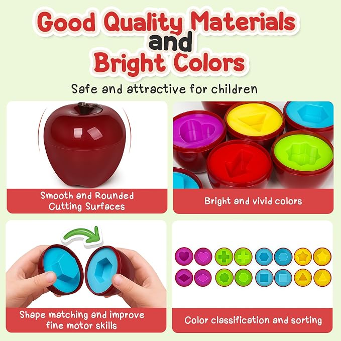 Apple Toys,Montessori Geometric Shape Sorter Toys for Toddlers 1-3,Early Educational Learning Color Sorting & Fine Motor Matching Games,Easter Basket Stuffers Gifts for Preschool Boys Girls