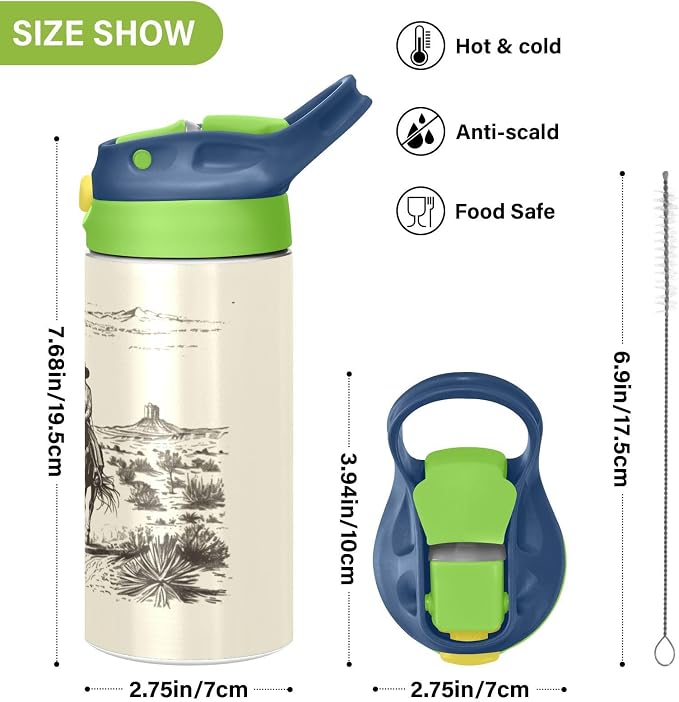 Boccsty Horse Cowboys Kids Water Bottle with Straw Lid American Wild West Desert Insulated Stainless Steel Reusable Tumbler for Boys Girls Toddlers 12 oz Green